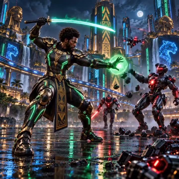 Still from the demo film: a warrior with a green blade of light, fighting red machines in a golden future city